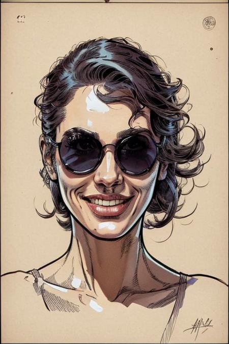 The color art style should reflect Frank Miller's graphic novel style: a dynamic graphic novel style, reminiscent of Frank Miller's gritty lines and bold contrasts. Drawing from Frank Miller's art style of dynamic line art, the scene captures the essence of his work.
beautiful lady, (freckles:0.5), big smile, hazle eyes,bob hair, dark makeup, hyperdetailed photography, soft light, head and shoulders portrait, cover a woman standing on a beach, jumpsuit, belt, cleavage, sunglasses, smile, sunset, upper body portrait,
slim_thick, busty, blonde hair, 
The color art style should reflect Frank Miller's graphic novel style: a dynamic graphic novel style, reminiscent of Frank Miller's gritty lines and bold contrasts. Drawing from Frank Miller's art style of dynamic line art, the scene captures the essence of his work.