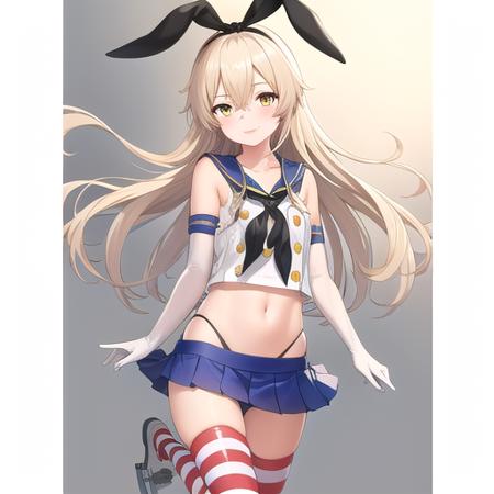 (masterpiece, best quality:1.2),illustration,8k,hd,1girl,solo,upper body,(portrait:1.2),long_hair,blonde_hair,elbow_gloves,underwear,striped_thighhighs,white_gloves,smile,navel,yellow eyes,highleg_panties,black_panties,anchor_hair_ornament,highleg,blush,school_uniform,crop_top,sailor_collar,hairband,hair_ornament,serafuku,miniskirt,pleated_skirt,blue_skirt,sleeveless,bare_shoulders,hair_between_eyes,grey_footwear,microskirt,midriff,neckerchief,collarbone,<lora:Shimakaze(kan)>,