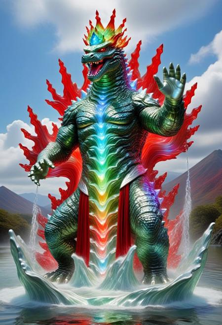 (made of l1qu1dp34rl):2, (pearlescent):2, (iridescent geen and red hues),(waterbender):3, gemstone crowned ((stone Godzilla)) emerging from silver mountain,electric robe,dynamic pose, colorful water flows