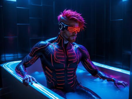 neonpunk style <lora:Aether_Ghost_v1.1_LoRA:1> <lora:!action-sdxl-V0.5:1> zdyna_pose, a large and deep ceramics soaking bathtub filled with (ice:1.331) and water.
a irish malenetrunner wearing bodysuit with Fiery red beard and tattoos is (siting:1.3) in the soaking bathtub, body is wet. BREAK. 
netrunner's head is wearing a (neon VR eye gear:1.3), (wires and cables:1.331) are connected to the netrunner's body. 
netrunner's (dark red:0.8) ghost appearance neon bodysuit is (transparent:1.3) (fading:1.3) (digital dissolving:1.3) into (streams of neon number:1.3). BREAK. 
The background is inside a dark bathroom, (full body:1.331), long distance shot, view from above, high-tech sense atmosphere, sfw . cyberpunk, vaporwave, neon, vibes, vibrant, stunningly beautiful, crisp, detailed, sleek, ultramodern, magenta highlights, dark purple shadows, high contrast, cinematic, ultra detailed, intricate, professional