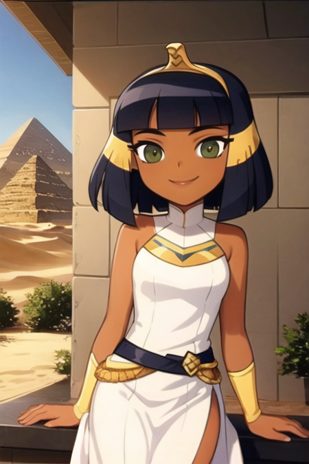 <lora:CleopatraLora-10:0.7>, dark skin, Cleopatra, white dress, smile, tiara, desert, pyramid \(structure\),