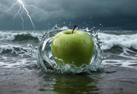 Stable_Yogis_PDXL_Positives
 Imagine a photograph capturing an extraordinary and surreal subject: a transparent apple, crystal clear and perfectly formed, revealing a highly detailed, tumultuous miniature sea raging within. The apple sits boldly in the center of the frame, its smooth, glass-like surface reflecting light and offering a window into the dynamic scene inside. Within, the stormy sea is a marvel of miniaturization - tiny waves crest and crash with realistic ferocity, and if one looks closely, minute flashes of lightning and swirls of wind can be discerned, adding to the tempest's drama. The background of the photo is intentionally simple, perhaps a soft, neutral color or a subtle gradient, ensuring that all attention is drawn to the striking contrast between the serene exterior of the apple and the wild, chaotic seascape it contains. The lighting is key, illuminating the apple in a way that highlights the intricate details of the storm inside while maintaining the overall clarity and impact of the image.