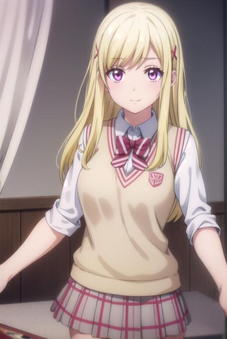 urarashiraishi, <lora:urara shiraishi s1-lora-nochekaiser:1>,
urara shiraishi, long hair, blonde hair, (pink eyes:1.3), hair clip, x hair ornament, smile,
BREAK skirt, bow, school uniform, jacket, plaid, plaid skirt, sweater vest, shirt, white shirt, collared shirt,
BREAK indoors, classroom,
BREAK looking at viewer,
BREAK <lyco:GoodHands-beta2:1>, (masterpiece:1.2), best quality, high resolution, unity 8k wallpaper, (illustration:0.8), (beautiful detailed eyes:1.6), extremely detailed face, perfect lighting, extremely detailed CG, (perfect hands, perfect anatomy),