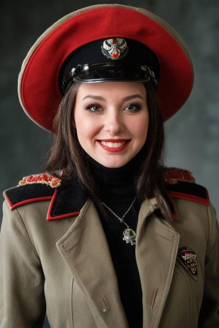 Costume play, cosplay, fantasy crossover, Disney character, Goofy, dressed as a commissar from the Warhammer 40,000 universe, militaristic uniform, grimdark, dystopian, black and red color scheme, exaggerated proportions, oversized hat with a skull motif, stern expression, exaggerated mustache, iconic Goofy grin, commissar's coat adorned with regimental badges, gothic architecture backdrop.
EasyNegativeV2, warhammer_40k_commissar