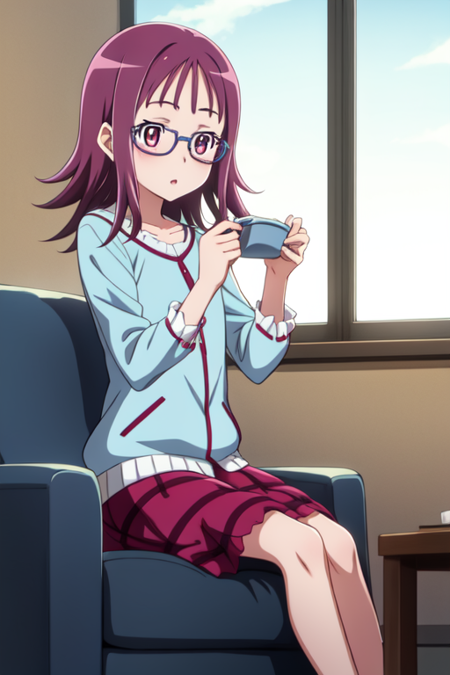 hojosakura, 1girl, solo, glasses, casual, sitting, living room