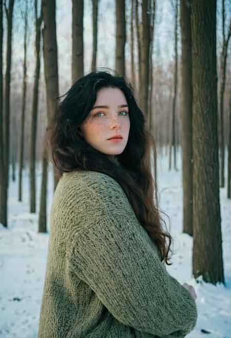 A portrait of a girl, wavy hair, black hair, Green eyes, standing in a forest in winter, warm clothes, looking at viewer, snow flakes,, freckles, pale skin, realistic, photo, golden hour, cinematic lighting, celluloid film skintone color style, earthy colors, blue colors