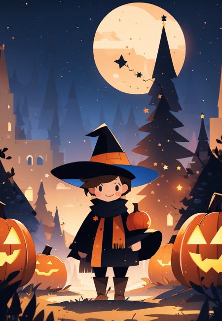 wsjbpch, witch hat, hat, smile, 1boy, jack-o'-lantern, tree, brown hair, pumpkin, moon, short hair, night, outdoors, witch, holding, grass, standing, scarf, sky, black headwear, full moon, black eyes<lora:MW_ä¸å£èæå¹³æç»v11:0.8>