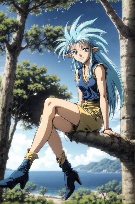 hakubi ryoko, 1girl, blue hair, boots, day, in tree, long hair, ocean, outdoors, palm tree, plant, shorts, sky, sleeveless, smile, solo, tree, water <lora:90sv1.6R:0.6>