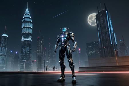 intricately detailed photograph of a gorgeous ((futuristic)) super-soldier of ambiguous ethnicity named Ava, detailed realistic eyes, detailed hair, detailed skin, wearing (sleek high-tech:1.1) power armor, appealing, eye-catching, aesthetic, (stunning shiny (advanced) outdoor nighttime future city:1.1), incredible metal buildings, impossibly tall ultramodern skyscrapers, full moon, stars, (amazing background:1.2), (vibrant colors), 8K, UHD, HDR, ultra-hd, cinematic, volumetric, dramatic, epic, realistic, breathtaking, impressive, high quality, best quality, masterpiece, (((anime))), (((cartoon))), (unreal engine 5), (raytracing)