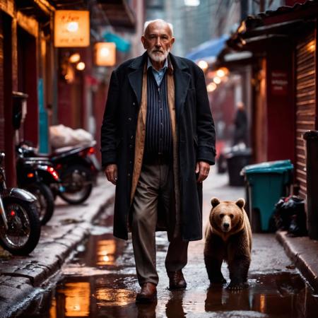 a old man with long bear, cyberpunk alley, looking at viewer, reflecting puddles, trash, cinematic shot, hard shadows, Fujifilm XT3