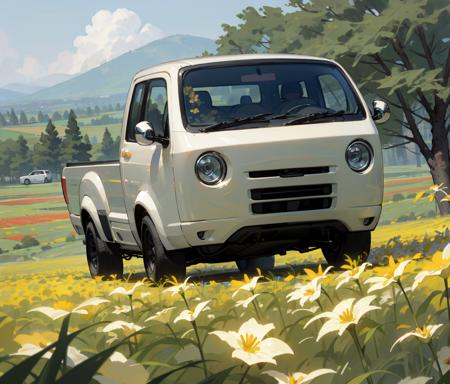 best quality,T880,pickup truck,vehicle focus,no humans, 
(flower field,idyllic:1.2),
<lyco:T880_V10c-000003:0.7>