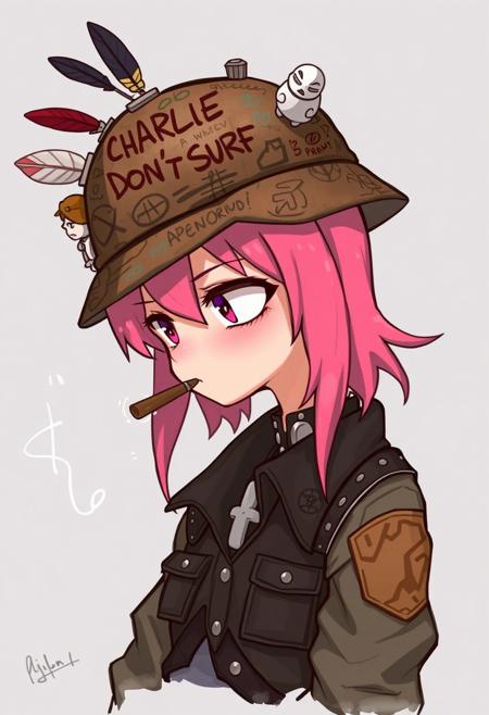 masterpiece, best quality, good quality, newest, highres, absurdres, solo,
1girl, The image features a stylized character wearing a uniquely decorated military helmet, adorned with various symbols and graffiti, including the phrase "CHARLIE DON'T SURF." The helmet has a rugged, worn appearance, with elements such as feathers, a dart, and small figurines attached to it. The character has vibrant pinkish hair and is depicted smoking a cigar while looking off to the side. Their outfit appears to blend military and punk influences, showcasing a mix of patches and textures. The background is subtle, allowing the focus to remain on the character and their distinctive style.