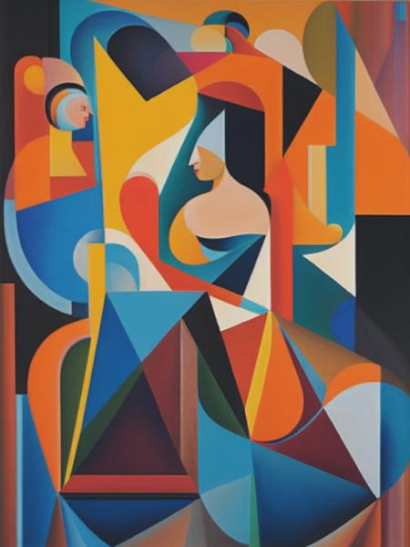 <lyco:JeanMetzinger:1.0> Max Jacob's canvas presents a riveting interpretation of a Biblical scene, marked by his characteristic Cubist style. The central figures, understood to be Mary and Elizabeth, meet in an embrace, their forms skillfully fragmented and reassembled in a collage-like fashion. The geometry of the figures contrasts beautifully with the soft, fluid lines of the background, creating a sense of harmony amidst the complexity. Jacob's unique color palette, consisting of pastels and brighter hues, adds another layer of depth, creating a sense of dreamlike unreality. His technique, marked by flattened perspective and the simultaneous presentation of multiple views, gives the work a distinct visual dynamism, reflecting the innovative spirit of early 20th-century modernism