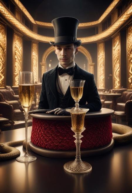 score_8_up, score_7_up, realsitic fantasy photo, solo, Still life, table, red velvet, champagne glasses, A top hat on the table, a small snake emerges from the top hat, evening lights, warm lights, details