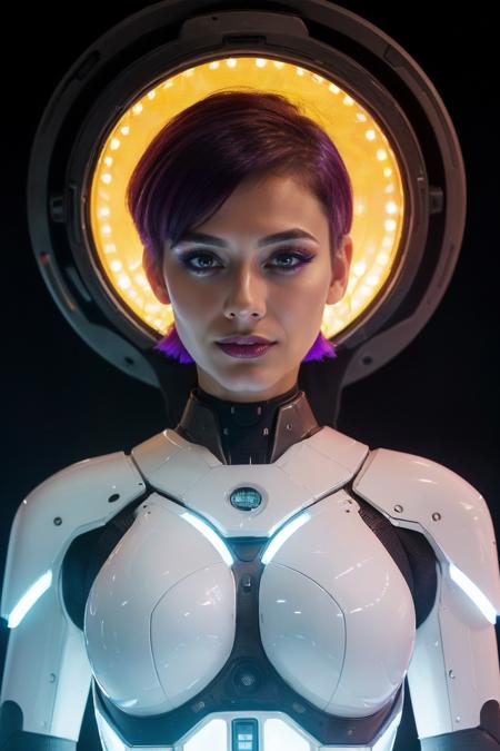 (bright tech futuristic scene:1.2), Cinematic sci-fi scene, a cute girl, 22 years old, short sharp hair, 1girl, science fiction, power armor industrial design, cyberpunk, breastplate, skyscraper, (futuristic white apple design robotic industries), white glossy surfaces, floating hair, smile, dramatic lighting, night sky, masterpiece, best quality, intricate, colored lights, <lora:Colour Control Slider by Stable Yogi:2>, ((detailed background)), Porta 160 color, shot on ARRI ALEXA 65, bokeh, sharp focus on subject,highest details, photorealistic, high background details,godrays, 8k, raytracing,  reflection, <lora:Better_cleavage:0.6>,  <lora:breastsizeslideroffset:-0.16>, ((detailed dramatic background)),  <lora:anti_longtorso_v10:1>,