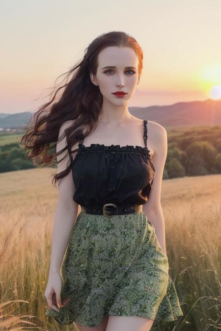 photo of rachelbro:0.99, a woman with ((pale skin, black hair, twin tails):1.1), ((cowboy shot, waist, hips, thighs):1.2), ((beautiful sundress):1.2),((walking,outdoors, grassy meadow, sunrise):1.2),((detailed face, beautiful face, detailed eyes, beautiful eyes):1.3), ((lipstick, eyeliner, eye shadow):1.2),((best quality, masterpiece, extreme details):1.2) ((detailed eyes, detailed face):1.2)