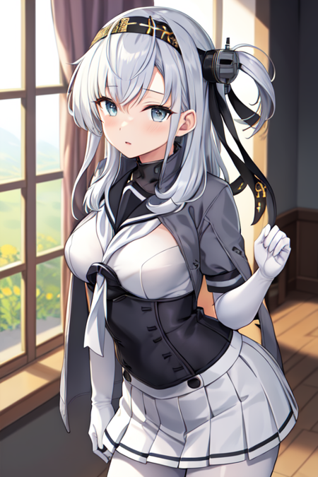 suzutsukiKC, 1girl, solo, long hair, skirt, elbow gloves, serafuku, sailor collar,black headband, one side up, short sleeves,grey jacket,corset,white bodysuit,