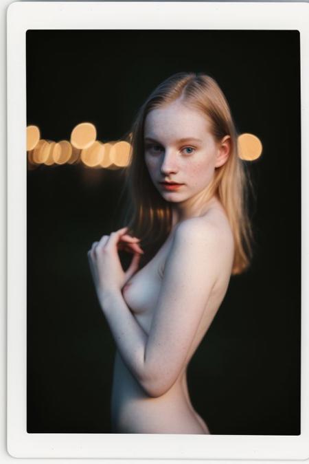 polaroid photo, night photo, photo of an 18 yo cute woman, pale skin, bokeh, motion blur, nude
