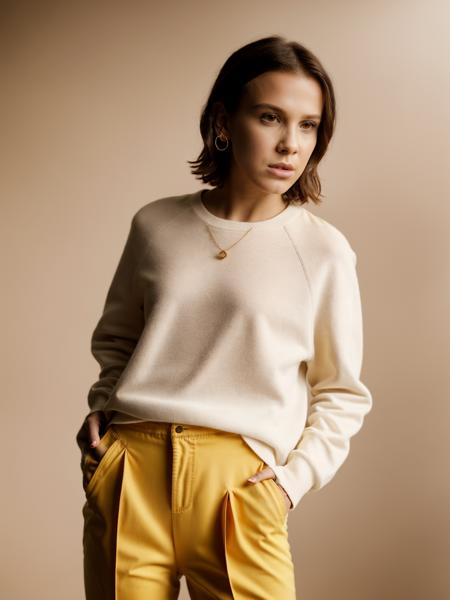 Realistic photo of a beautiful M1ll13bb-v1 woman, 1girl, solo, looking at viewer, short hair, simple background, brown hair, long sleeves, white background, jewelry, standing, earrings, pants, lips, realistic, hands in pockets, yellow pants, nose, soft lighting, professional Photography, Photorealistic, detailed, RAW, analog, sharp focus, 8k, HD, high quality, masterpiece<lora:M1ll13bb-v1:1.0><lora:M1ll13bb-v1:1.0>