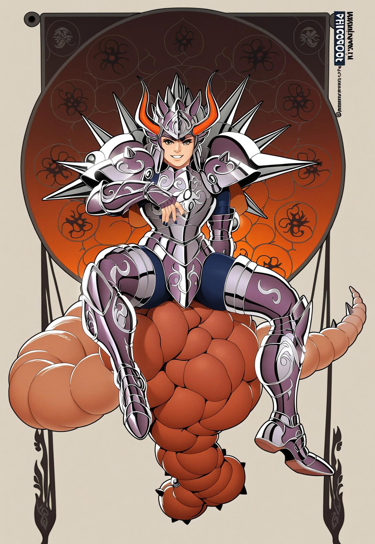 score_9, score_8_up, score_7_up, source_anime, masterpiece, best quality, 1girl, solo, Manticore-themed armor concept, "Manticore Aegis," mythical design, hybrid materials, manticore head helmet, protective faceplate, spiked crest, lion-like mane accents, scorpion tail backpiece, reinforced chest plate, wing-like shoulder guards, flexible arm bracers, clawed gauntlets, segmented leggings, armored boots with spikes, textured soles for grip, decorative scales, integrated utility pouches, intimidating silhouette, fiery color palette, deep reds and golds, ancient motifs, durable and intimidating,  Manticore background, demoniac Manticore