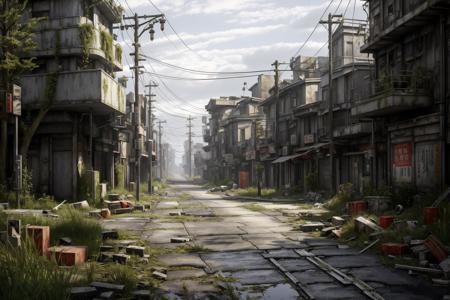 8k, realistic, vray, HDR,  6000K,  tokyo city, in the street, overgrown, post apocalypse feeling, nighlight, <lora:PostApocalyptic3:0.6> SZ_4po