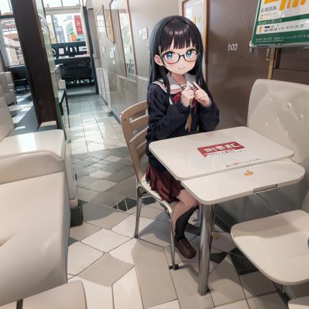 best quality, ultra-detailed, illustration,
makudo, indoors, scenery, poster (object), tiles, window, tile floor, chair, building, 
1girl, glasses, solo, black hair, long hair, smile, looking at viewer, school uniform, sitting, 
<lora:McDonald_JP_indoors_SD15_V2:1>