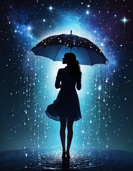 Abstract magical rain, universe, stars, small woman silhouette with umbrella on the bottom