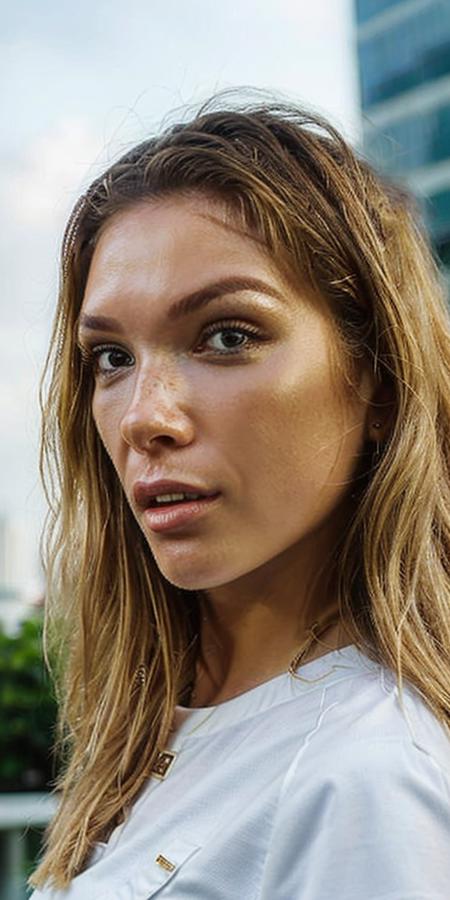 amber_a close-up, headshot, portrait by Chuck Close, 1girl, solo, rule of thirds, perfect compostion, blonde hair, detailed hair and face, detailed eyes, pupils perfect face, detailed nose, cheeks, (lips:1.2), ears, Amid the modern skyline of Singapore, the model embraces a modest and contemporary look. She wears a tailored jumpsuit with clean lines and subtle detailing, paired with sleek sneakers. This ensemble effortlessly blends comfort with style, creating an Instagram-worthy look against the backdrop of Singapore is iconic architecture. highly detailed, natural lighting,
 <lora:amber_a:0.9>