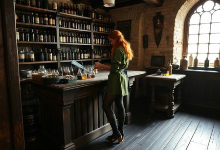 a medieval apothecary shop, a woman with chestnut hair is wearing a short green tunic and black hose with medieval leather sandals, she is mixing a potion at a workbench. Shelves full of jars and bottles line the wall. The wooden floor is black with age. A large window at  brightly illuminates the scene. Composition, high view, wide angle view, deep focus, vibrant colours