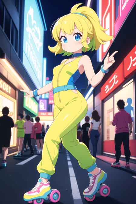 masterpiece, best quality, ultra detailed, anime style, Amidst a bustling 1980s metropolis, a cute rollerblading enthusiast dons a vibrant jumpsuit with neon geometric patterns. The retro-inspired outfit reflects the vibrant energy of the era, capturing the spirit of urban nightlife and roller disco