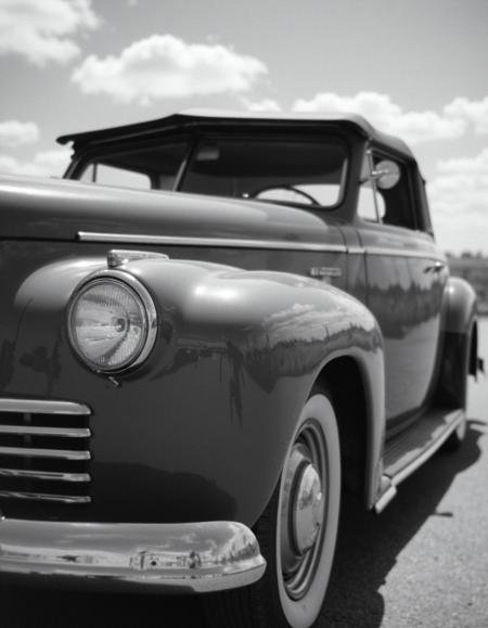 cinematic_1940s, A sleek 1940s portrait photograph showcases the elegant lines of a classic American automobile. The car's chrome exterior is meticulously polished to a high sheen, with every detail from the intricate grille to the delicate hubcaps gleaming brightly in the light. A soft focus blur creates a dreamy atmosphere around the vehicle, as if it has been rendered in a state of suspended animation. The car's sleek lines are accentuated by the subtle curves of its fenders and the aggressive slope of its hood. A few wispy clouds drift lazily across the sky behind the car, their soft peaks hidden behind the vehicle's gleaming surface. The overall effect is one of classic American style and sophistication, as if this car has just stepped out of a 1940s movie set. Every detail from the delicate chrome trim to the intricate stitching on the upholstery seems meticulously rendered, adding to the sense of nostalgia and timelessness that pervades the image. A few subtle scratches on the car's paint job add a touch of wear and tear to the overall effect, hinting at a vehicle that has been well-loved over the years. The portrait style of the photograph is classic Hollywood glamour, with the subject rendered in soft focus against a bright, contrasting background.