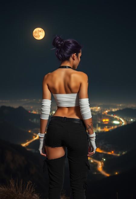 Full body shot of a Rebel Woman standing still on a valley edge, facing l.a-like city down there, in the middle of night, wearing a white tube top, showing her toned midriff, with athletic fit body, shaggy black pants and elbow-length bandages, a metallic-leg piece on chin, bubble but, purple hair tied-up in a messy bun. Her gaze is intense, and she have scars over her arms, juicy legs, a full moon in the sky and mountains sorrounding very far away.