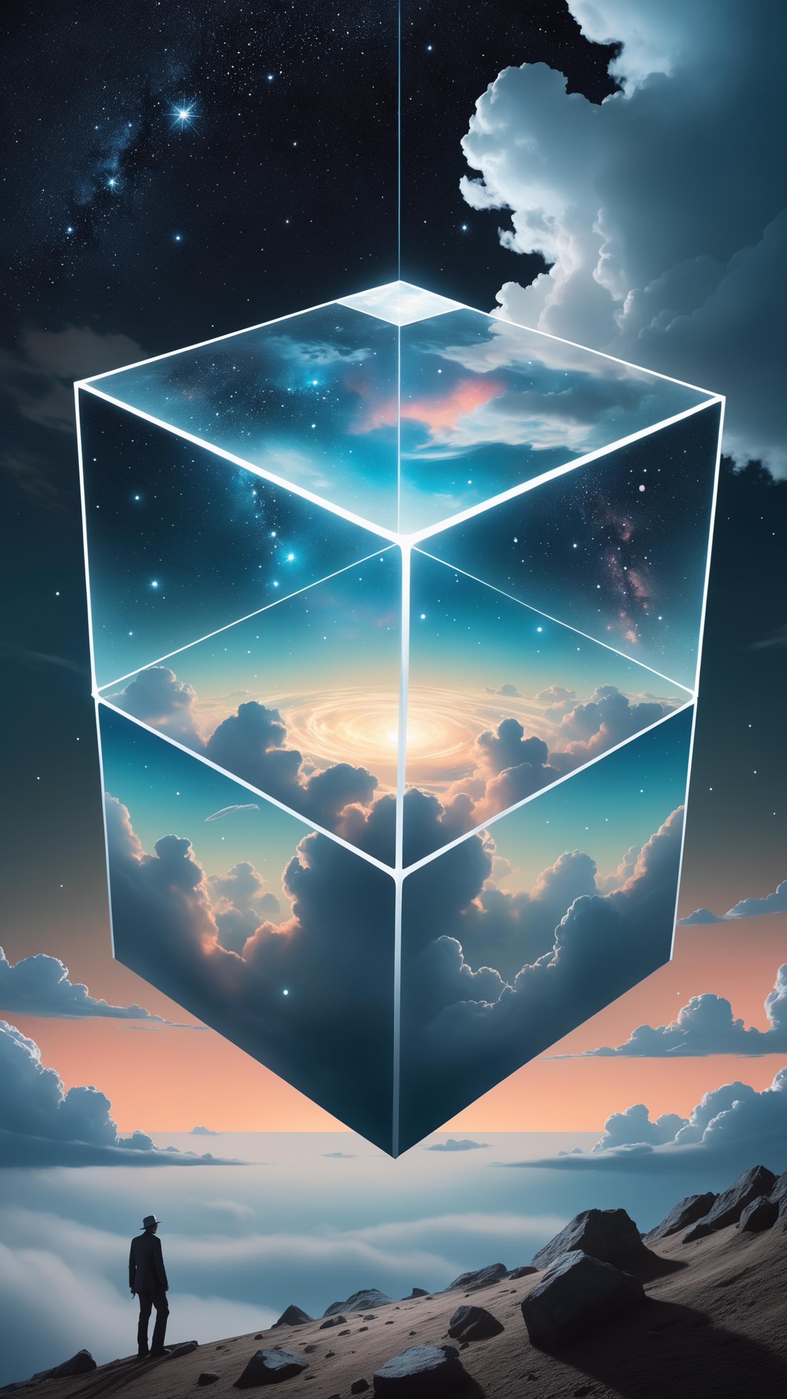 A cube-shaped artwork with a blue sky, clouds, and stars inside. The cube's sides feature different colors, including pink and purple.