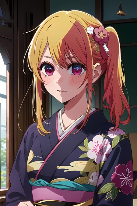 1girl, solo, best quality, masterpiece , Ruby Hoshino,  <lora:Ruby Hoshino_V1-4:0.9>,  hair ornament, sparking eyes, star on eye, (star on right eye:1), (kimono:1.4),