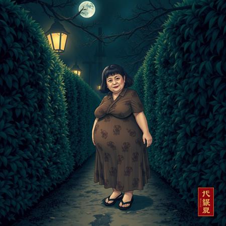 chubby mature woman eerie hedge maze by night  dirt path agoura shibari art style of Ozuma Kaname
