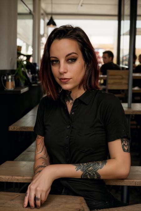 <lora:AmandaVerona:0.8>, full color portrait of a young woman,  tattoos, wearing a black shirt, having coffee in a small cafe, natural light, RAW photo, subject, 8k uhd, dslr, soft lighting, high quality, film grain, Fujifilm XT3
