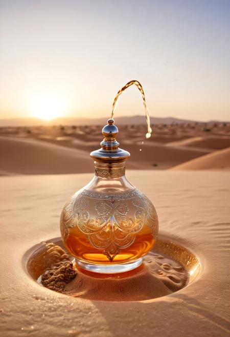 Atai, surreal Moroccan perfume bottle spilling an endless desert, sand flowing upward like liquid, surreal gravity, sunset reflections, arabesque engravings glowing faintly