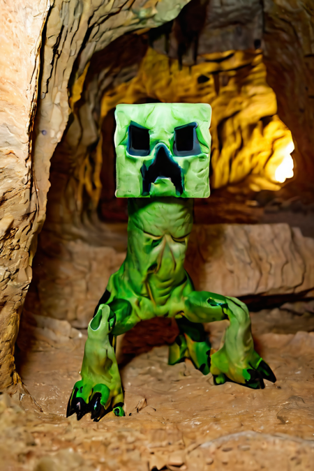 <lora:mccreeper-XL:1> a scary mccreeper in a cave, at night, no human, photography, flash