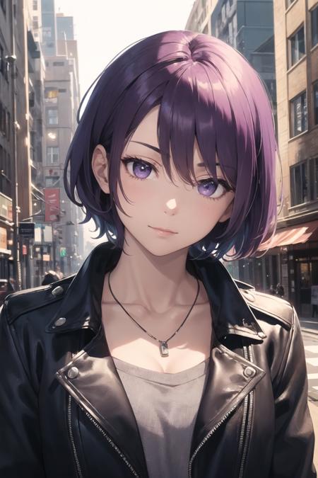 (masterpiece:1.1), (best quality:1.1), volumetric lighting, visual novel, beautiful man, mature, pov, (symmetry:1.1), portrait, purple eyes,
purple hair, (short hair:1.1), (leather jacket, collarbone:1.1),
strong seductive expressions, looking to the side, seductive smile, closed mouth, (head tilt:1.1), necklace,
perfect lighting, simple background, city, depth of field