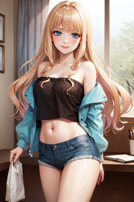 (masterpiece, best quality:1.2), <lora:macrossfrontier_nome-08:1>, cowboy shot, solo, 1girl, sheryl nome, makeup, smile, looking at viewer, open clothes, off shoulder, jacket, crop top, denim shorts, panties, bare shoulders, midriff