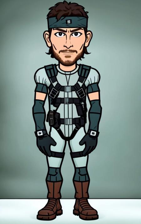 (solid snake:1.1), bitmoji_style, bitmoji style, bitmoji, 1boy, solo, looking at viewer, facial hair, blue bodysuit, gloves, headband, standing, full body, shoes, light skin  <lora:solidsnake-nvwls-v3:1.1>