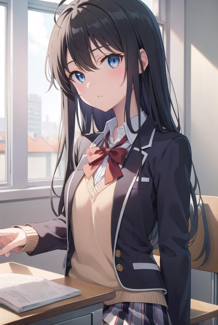 yukinoyukinoshita, <lora:yukinoyukinoshitatest:1>, yukino yukinoshita, black hair, blue eyes, long hair, ahoge, (small breast:1.2),
BREAK blazer, cardigan, jacket, plaid, plaid skirt, school uniform, skirt, sobu high school uniform,,
BREAK indoors, classroom,
BREAK looking at viewer, BREAK <lora:GoodHands-vanilla:1>, (masterpiece:1.2), best quality, high resolution, unity 8k wallpaper, (illustration:0.8), (beautiful detailed eyes:1.6), extremely detailed face, perfect lighting, extremely detailed CG, (perfect hands, perfect anatomy),