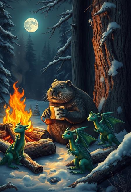 During a dark snowy night a  big beaver sits nearby fallen tree next to  a  big campfire and  eats a sandwich with cheese  and holds a cup of tea, sits among g a group of little green dragons with dark green wings , with details, snow, snowy, winter forest, vivid colors, realistic details seen under an electron scanning microscope