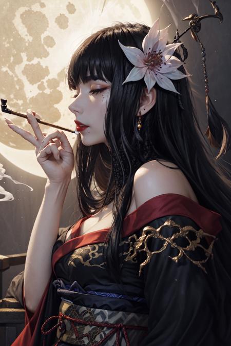 Yotsuyu FFXIV,  1girl,  bangs,  bare shoulders,  bat hair ornament,  black hair,  blunt bangs,  blunt ends,  cleavage,  eyelashes,  eyeshadow,  flower,  from side,  hair flower,  hair ornament,  half-closed eyes,  hand up,  hime cut,  holding,  holding smoking pipe,  hyur,  japanese clothes,  kimono,  kiseru,  lipstick,  long hair,  looking at viewer,  looking to the side,  makeup,  mole,  mole under mouth,  moon,  obi,  off shoulder,  parted lips,  profile,  red kimono,  red lips,  sash,  sidelocks,  sideways glance,  smoke,  smoking pipe,  solo,  straight hair,  upper body,  yellow eyes, <lora:EMS-49404-EMS:0.800000>