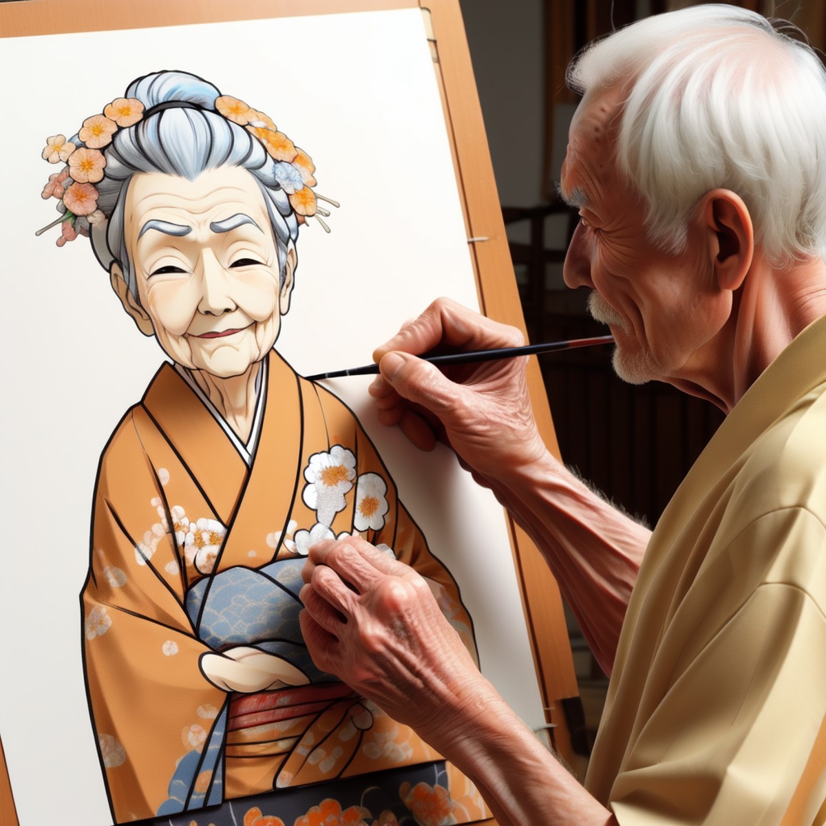 <lora:artist_hands_v2:0.7>, detailed old man shaped illustration, holding paintbrush, painting (action), art brush, orange...