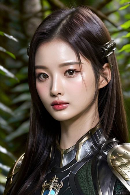 a nmixxsullyoon, perfect eyes, (ultra realistic:1.5), (standing in forest:1.2), (close-up photo:1.5), (black paladin armor:1.2), (intricate:1.2), (looking at camera:1.2), (best quality:1.2), <lora:nmixxsullyoon-v1-hb:1>