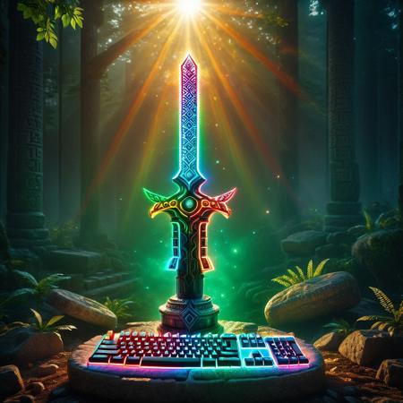 (RGB sword:1.6), (made of glowing keyboard keys:1.5), embedded in ancient stone, (mystical lighting:1.4), dramatic (sun rays:1.3), foggy forest background, epic fantasy atmosphere, magical energy particles, stone pedestal, cinematic composition, high detail, RGB glow reflections, ancient ruins nearby, divine ambiance