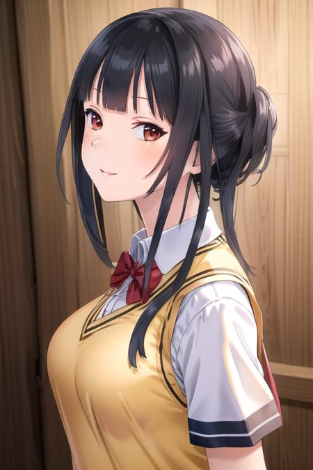 ((masterpiece)),(best quality),official art,extremely detailed CG,unity 8k wallpaper,ultra detailed,beautiful detailed eyes,extremely detailed face,1girl,solo,upper body,(portrait:1.5),looking at viewer,facing viewer,smile,Himemiya Tsubaki(hswk),black hair,long hair,red eyes,sidelocks,bangs,school uniform,sweater vest,yellow vest,red bowtie,collared shirt,white shirt,short sleeves,large breasts,blue skirt,plaid skirt,pleated skirt,zettai ryouiki,white thighhighs,loafers,<lora:Himemiya Tsubaki(hswk)>,