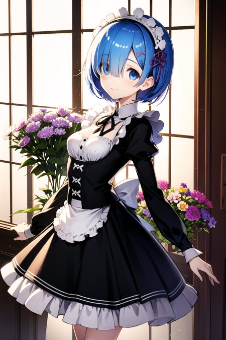 rem (re:zero), 1girl, solo, roswaal mansion maid uniform, twins, siblings, short hair, blue hair, blue eyes, maid, ribbon, hair ornament, hair over one eye, smile, looking at viewer, x hair ornament, hair ribbon, black ribbon,maid headdress, white apron, bangs, breasts, small breasts, long sleeves, dress, wide sleeves, standing, shiny, (flower:1.5),<lora:Takeshi Nakamura:0.8>