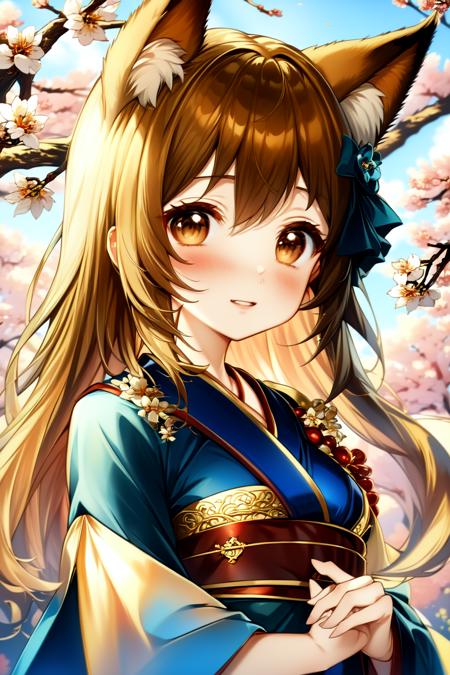 1girl, fox girl, medium breasts, looking at viewer, brown hair, brown eyes, upper body, kimono, cherry blossoms
BREAK
(exceptional, best aesthetic, new, newest, best quality, masterpiece, extremely detailed, anime, waifu:1.2)